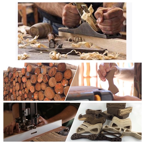 Handmade Wood Butterfly Bow Tie Cufflinks Navy Blue Pocket Square Set - Picture 15 of 16